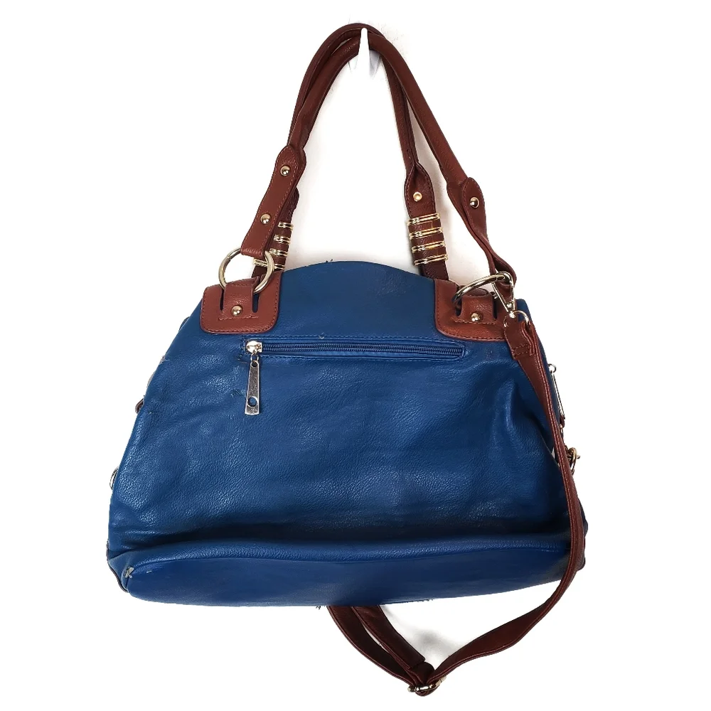 Teal Blue and Brown Strapped Hobo Gold Hardware Bag